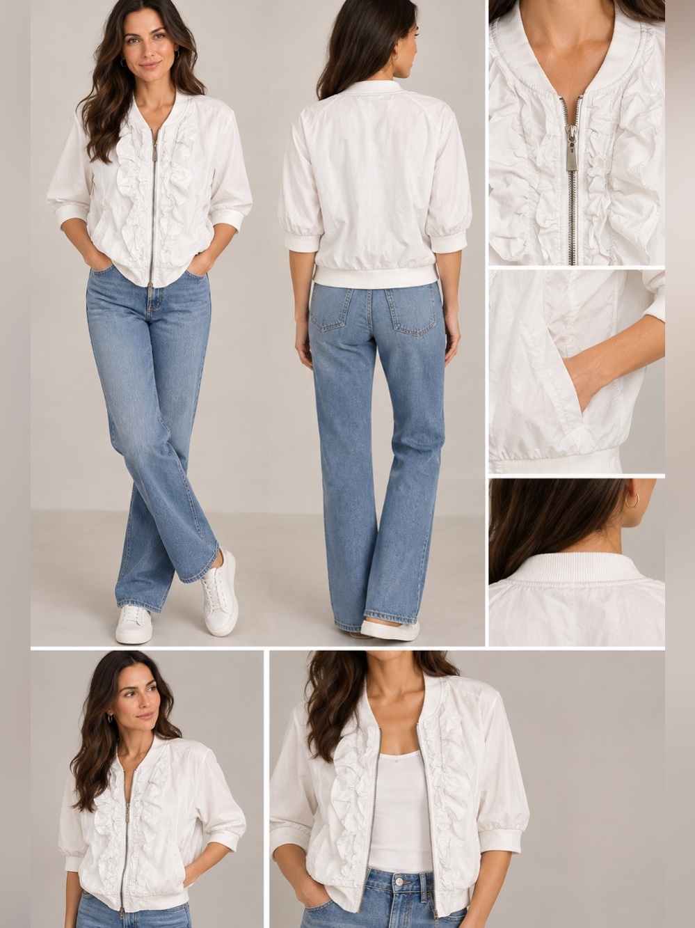 Free People White Ruffle-Front Zip Bomber Jacket